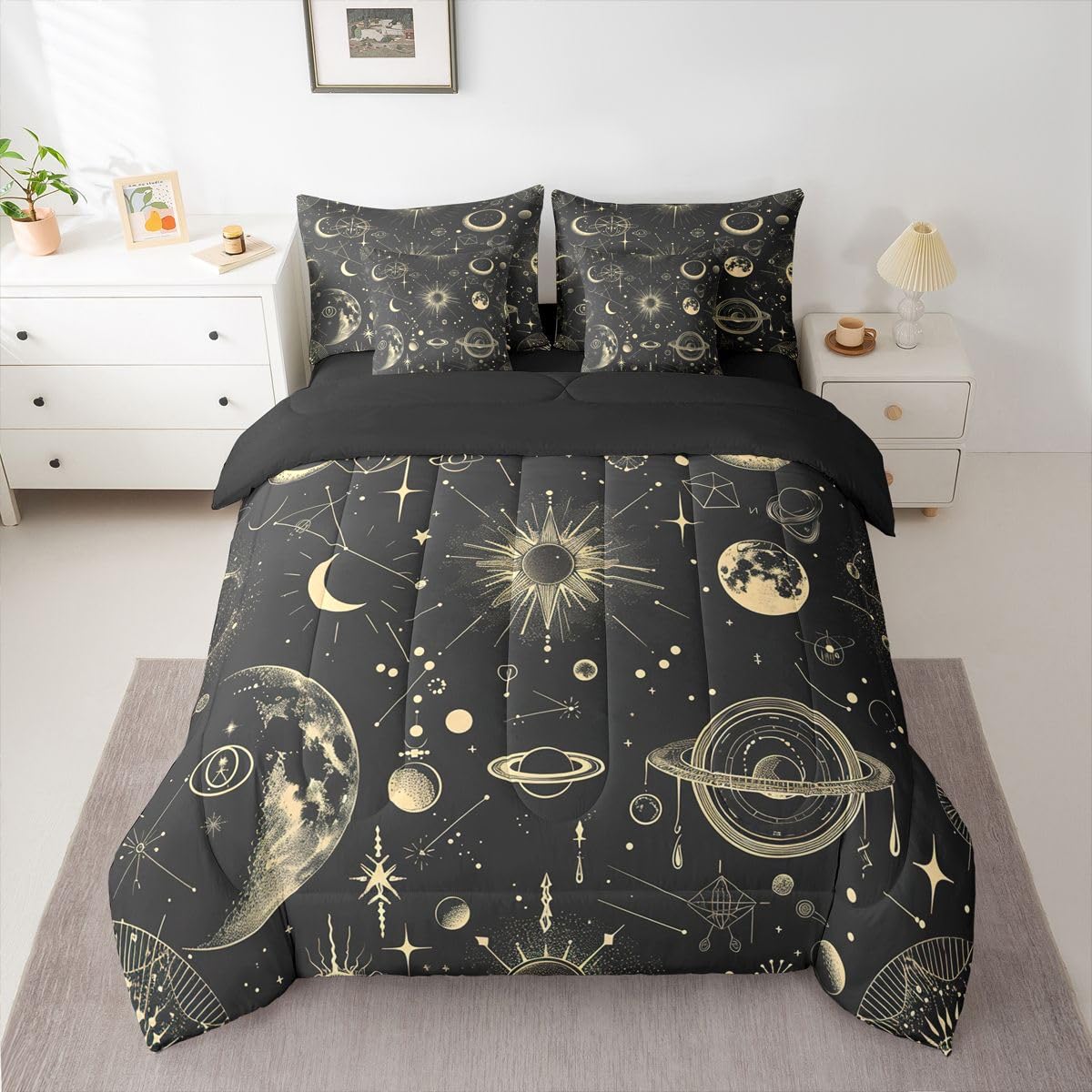 Erosebridal Galaxy 7 Piece Bedding Set Queen Sun Moon Comforter Set with Sheets Starry Sky Bed in A Bag Grunge Style Bed Sets with 2 Pillowcases, 2 Throw Pillow Covers