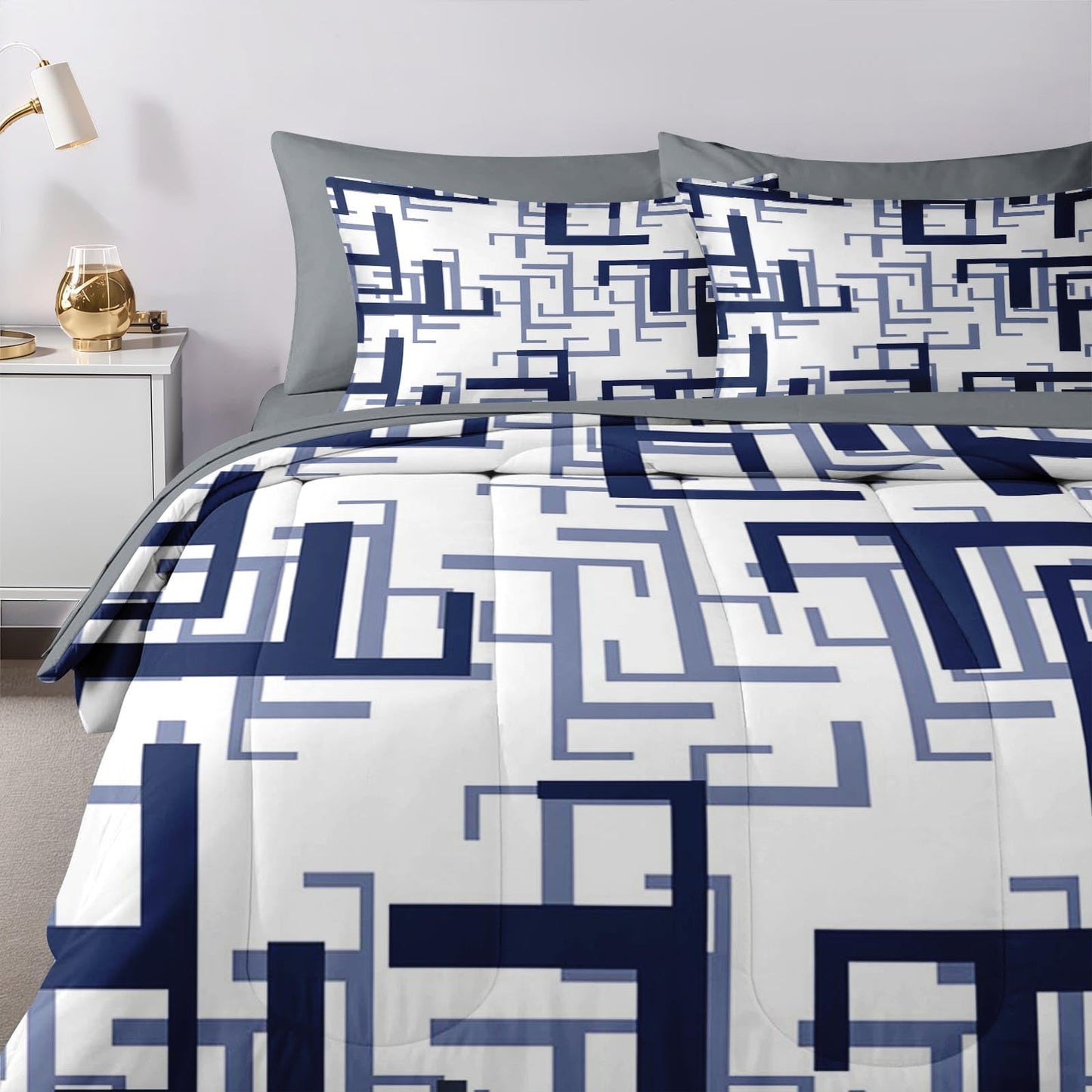 Nesker Comforter Set King Size, Navy Blue Maze 7 Pcs Bedding for Kids and Adults, Lines Geometric Bed Sheet Sets with Fitted Sheet 2 Pillowcases & 2 Shams