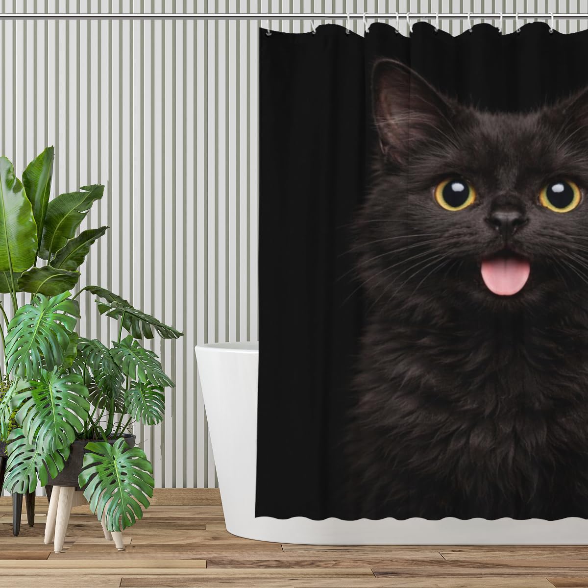 LFINKARTGOGO Black Cat Shower Curtain 72x72 Inch with 12 Hooks Funny Farm Animal Bathroom Decor Black Background Waterproof Washable Polyester Bath Curtain