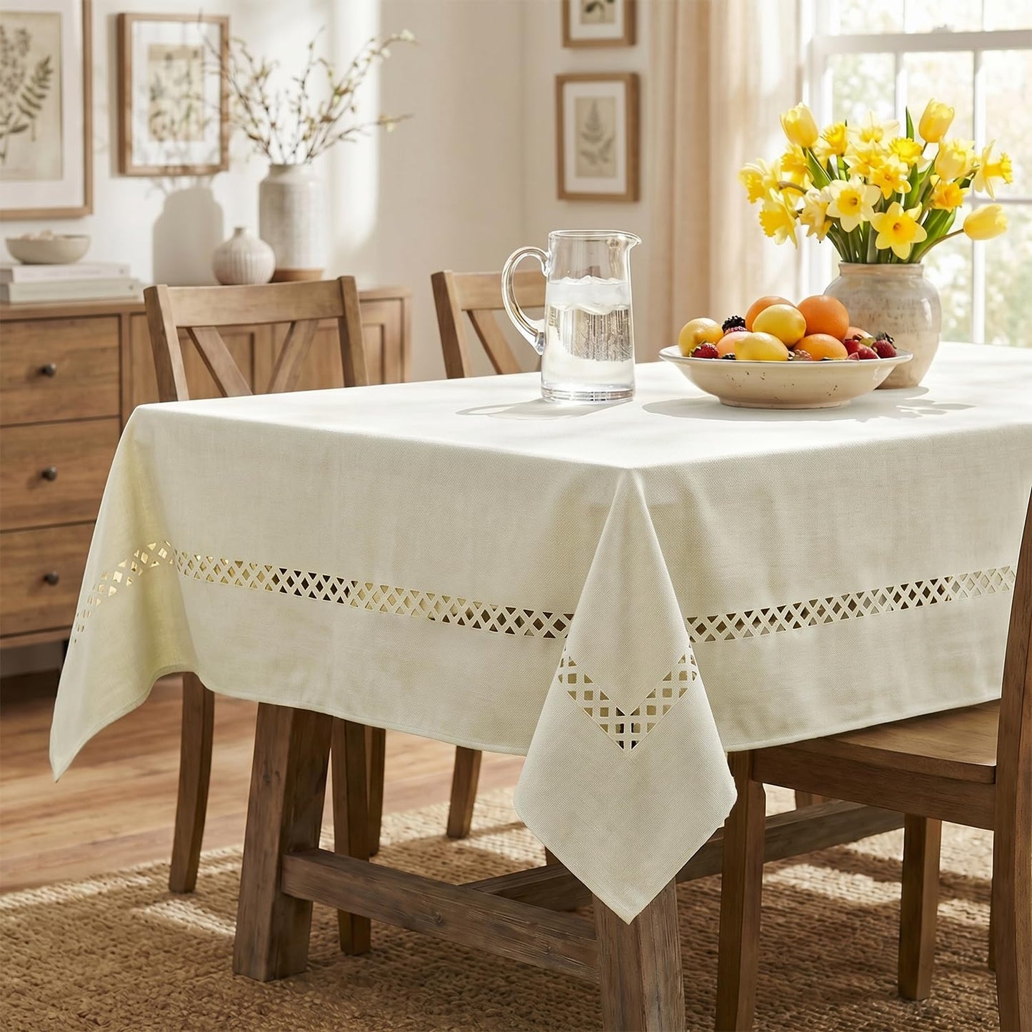 Horaldaily Beige Farmhouse Style Tablecloth with Decorative Cutouts, 60×84 Inch Rectangular Polyester Table Cloth, Wrinkle Resistant Washable Table Cover for Dining Wedding and Outdoor