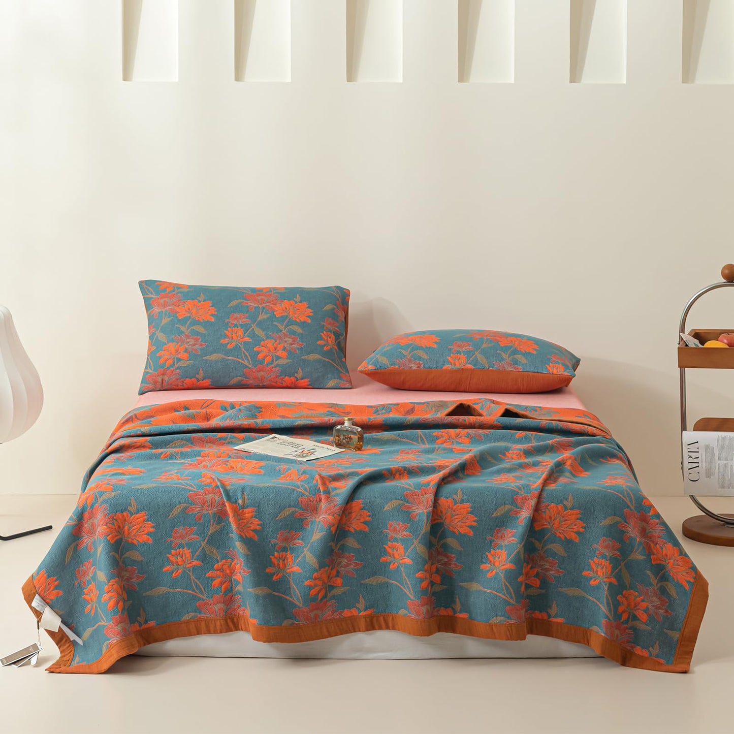 Purefair 100% Cotton Muslin Blanket Jacquard Floral Flowers Bloosom Print Quilt, Soft Bed Cover Reversible Bedspread Coverlet Breathable Lightweight Bedding Full/Queen(78"x94"), No Pillow Sham