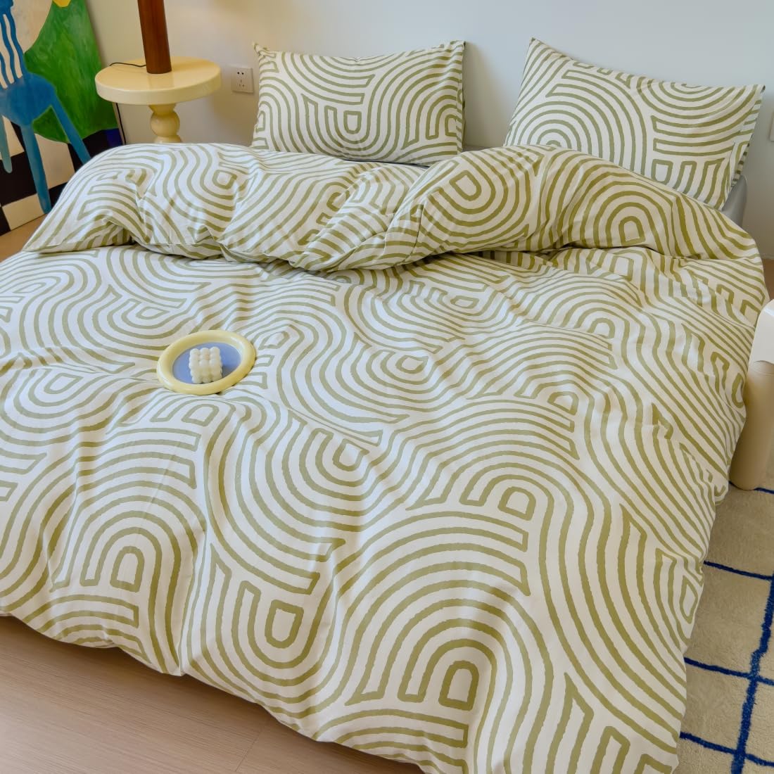 LIWHENHAO Abstract Duvet Cover Set Queen 100% Cotton Bedding Yellow Green Curve on White 1 Striped Geometric Comforter Cover Full 2 Pillowcases for Kids Girls Boys Woman