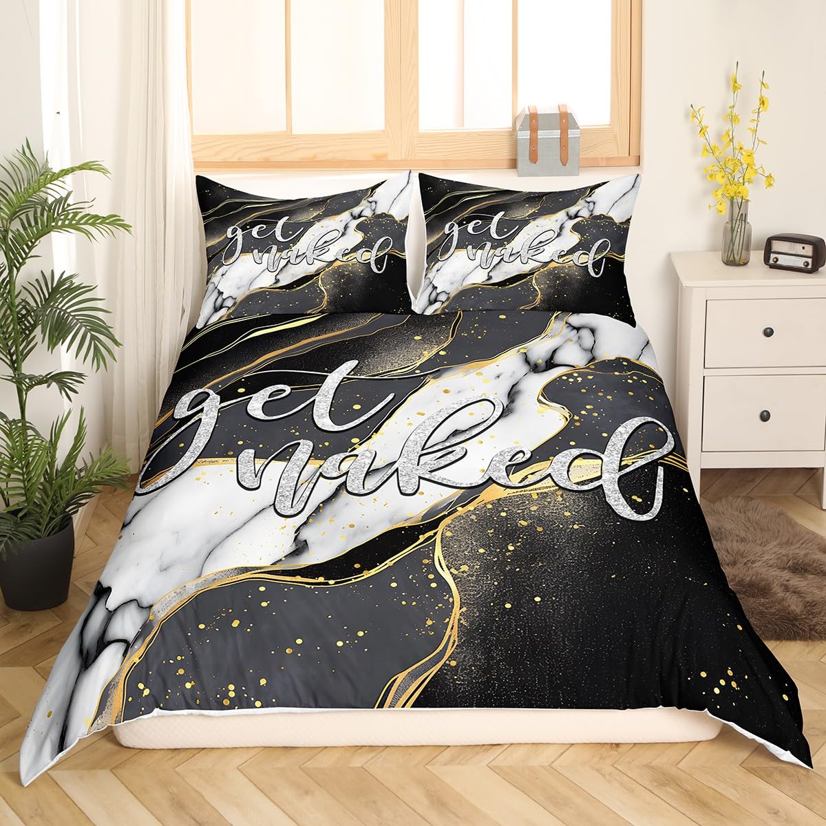 Get Naked Bedding Duvet Cover Set Kids Marble Bedding Set Grey Black White Gold Comforter Cover Set for Boys Girls Women Men Bedroom Decor Funny Quote Modern Bed Set King Size 3Pcs (No Comforter)