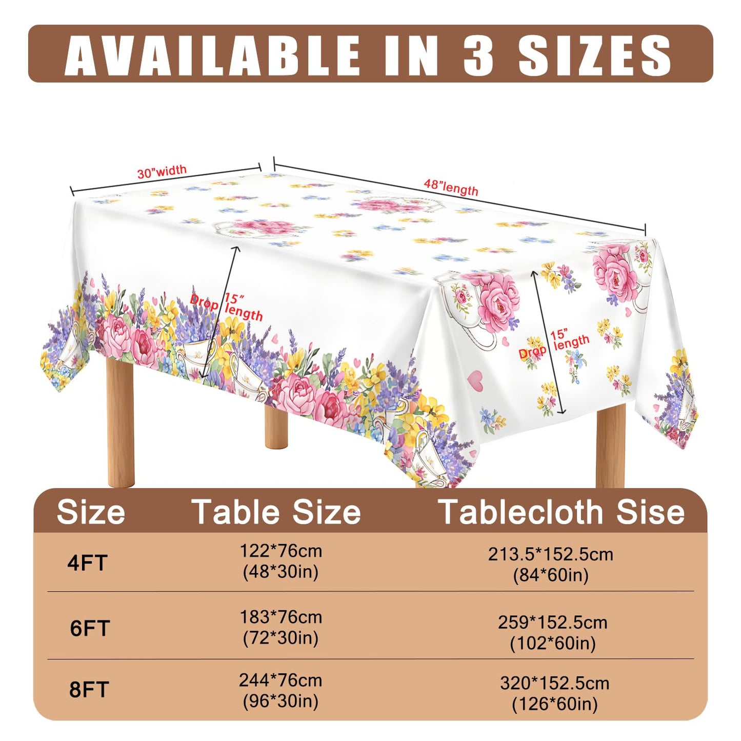 GAGEIZO Reusable & Waterproof Rectangular Tablecloths for Kitchens, Parties, Birthdays, Patios, and Outdoor Events Decorations Floral Table Cloth,8FT/126 x 60 Inch