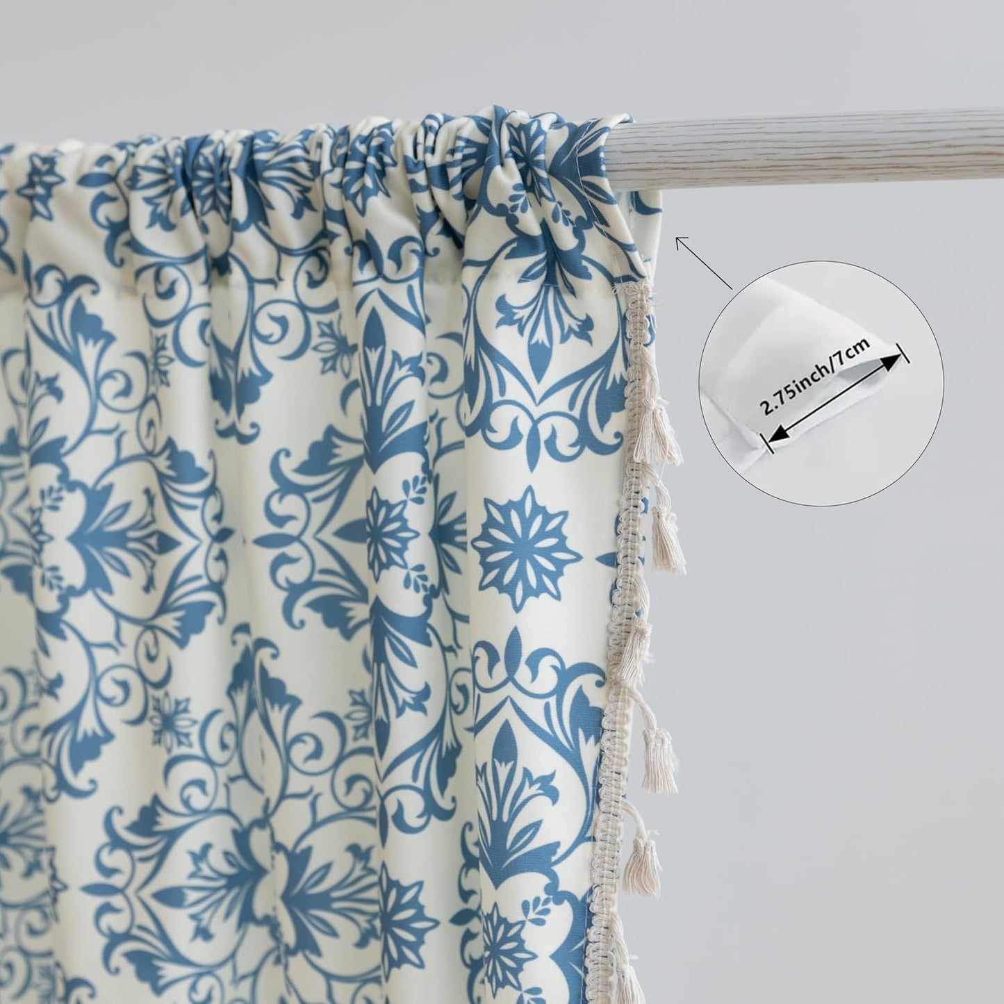 Erbnaryx Blue Floral Curtains 72 Inches Long, Boho Farmhouse Light Filtering Rod Pocket Drapes with Tassel Trim for Bedroom Living Room, 2 Panels