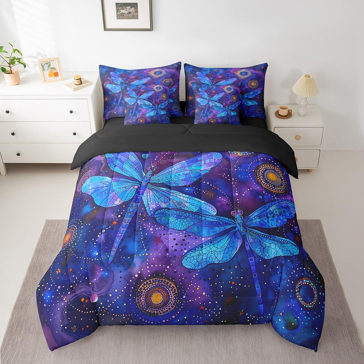Erosebridal Boho Dragonfly Comforter Set Queen,Trippy Flying Wildlife Bedding Set 7Pcs,Bohemian Tribal Mandala Bed in a Bag for Kids Girls Women,Blue Purple Starry Sky Quilt