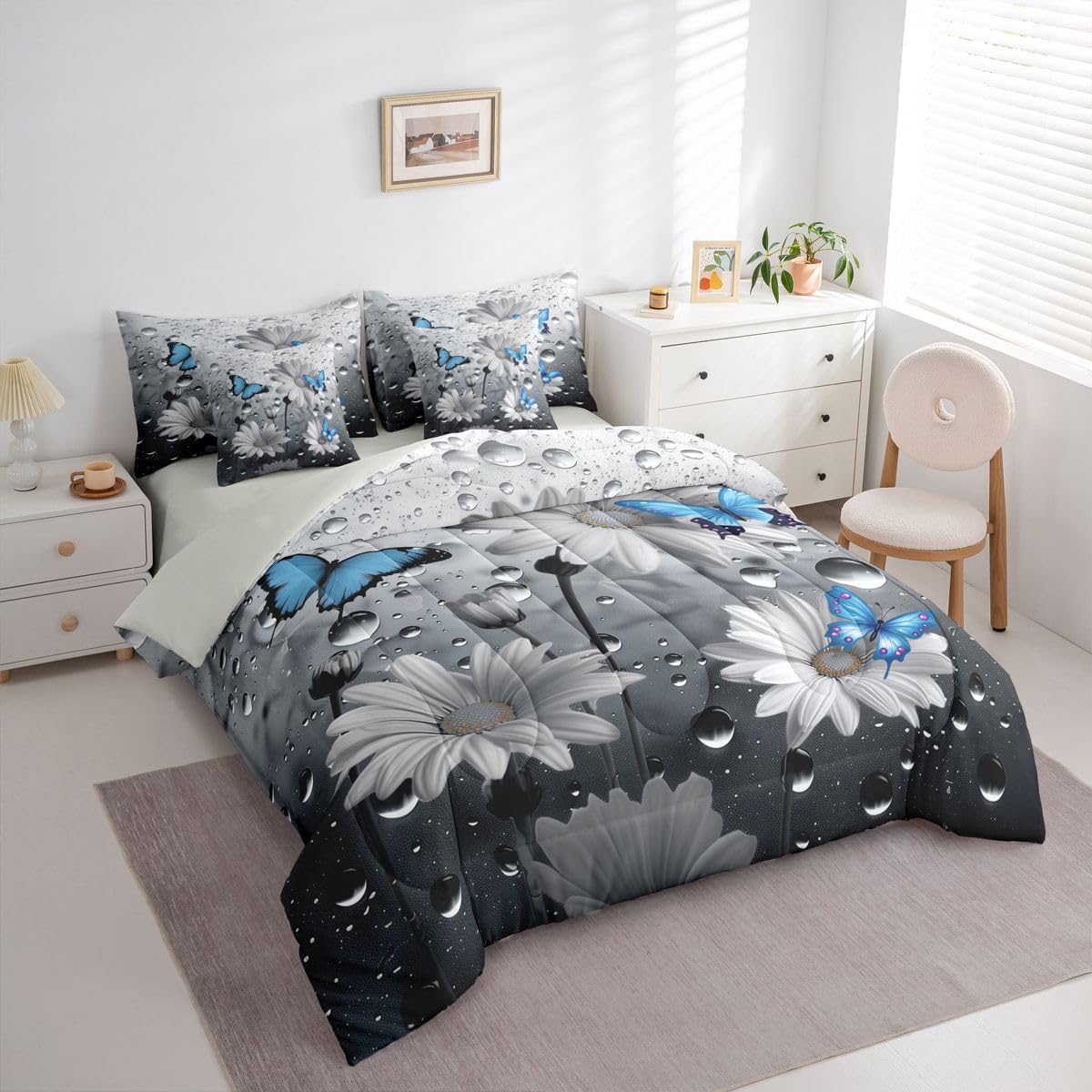 Erosebridal Water Droplets 7 Piece Bedding Set Queen Butterfly Comforter Set with Sheets Daisy Fog Dreamy Blue Butterflies Bed in a Bag Bud Retro 3D Flower Pattern for Kids Boys Girls