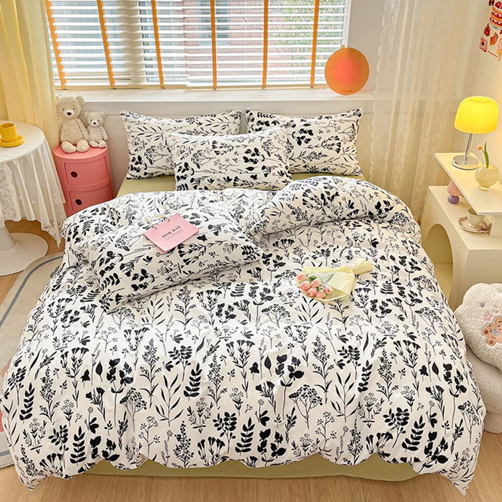 CLOTHKNOW White Black Queen Comforter Set 3Pcs Black Floral Bedding Comforter Sets White Boho Bedding Sets Black Flowers Bed Comforter Sets Queen