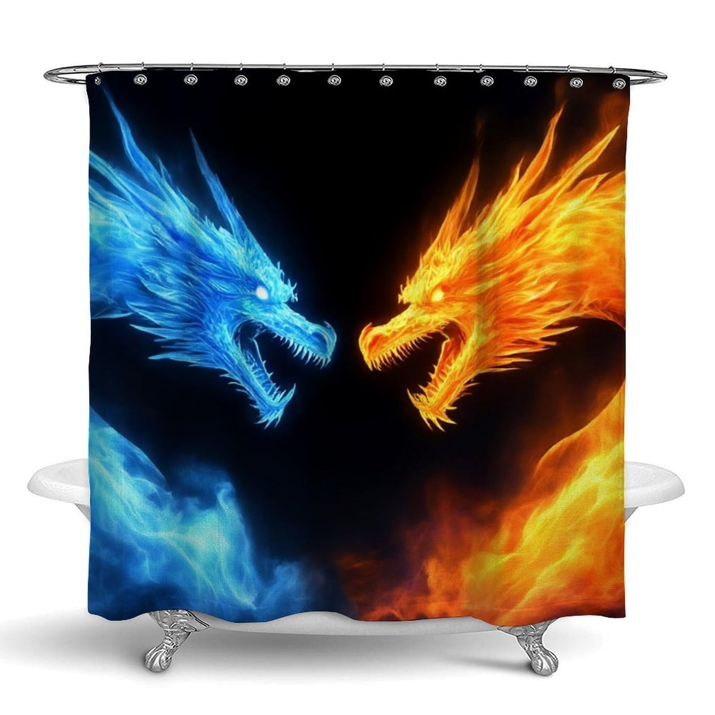 Meaudiwes Luxury Waterproof Shower Curtain Lightweight Fabric Hotel Style Bathroom Decor, 72"x 70" Ice Blue and Red Fire Flame Dragon