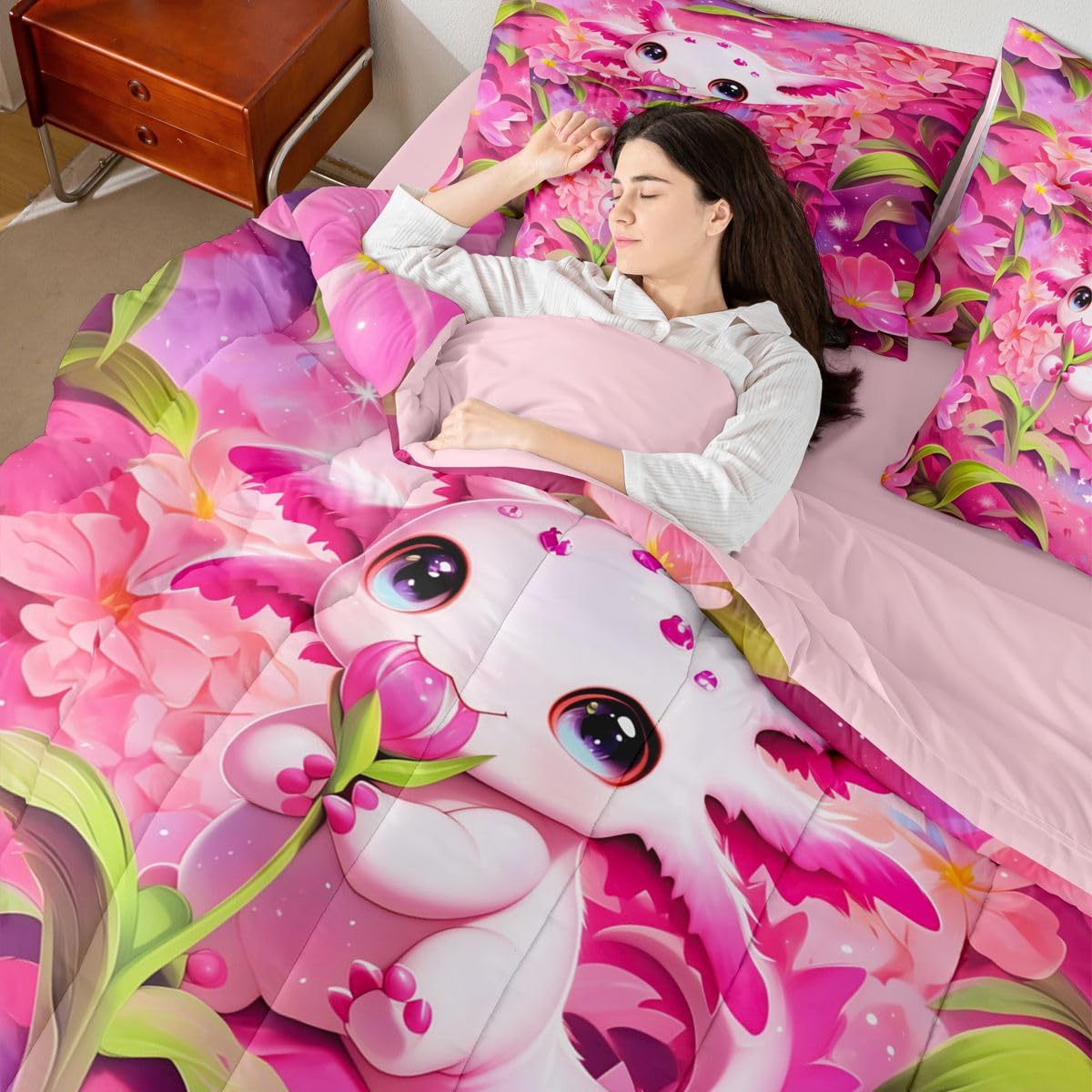 Erosebridal Kids Floral Axolotl Twin Size Bedding Set Teen Girl Cute Axolotl 7 Pieces Comforter Set with Sheets Romantic Sea of Flowers Bed in a Bag Girly Pink Sea Ocean Animal Bed Sets