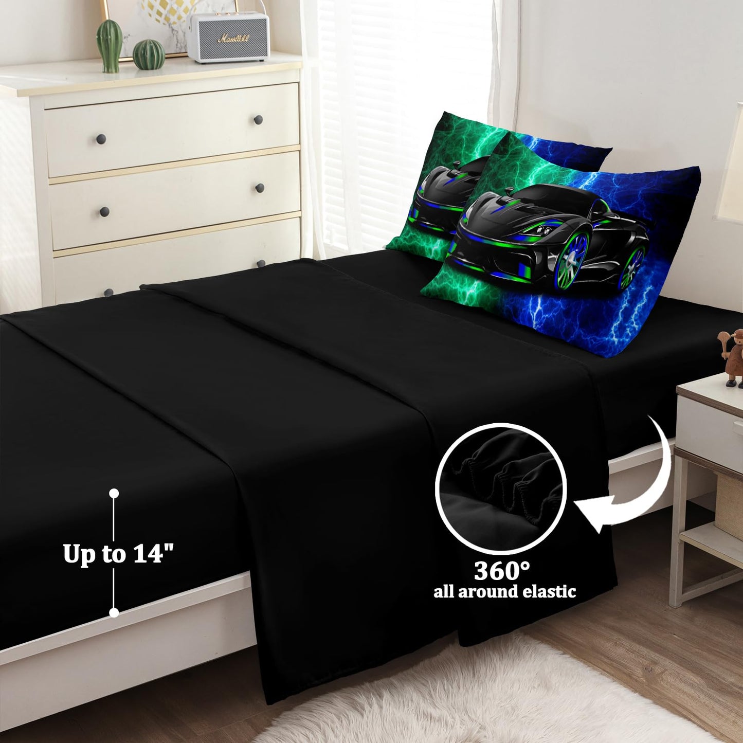 BERTSUCA 5 Pcs Car Comforter Sets for Boys, Cool Blue Green Lightnings Bed in A Bag Full Size Car Bedding Set for Boys Kids