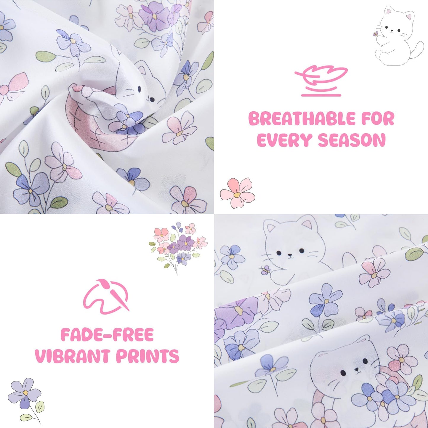 MICORAL Kids Twin Sheet Set Purple Flowers Cats, 3 Pieces Sheets for Boys & Girls, Soft Printed Microfiber Bed Sheets, Deep Pocket Cozy Toddler Bedding Set, Purple Flowers Cats