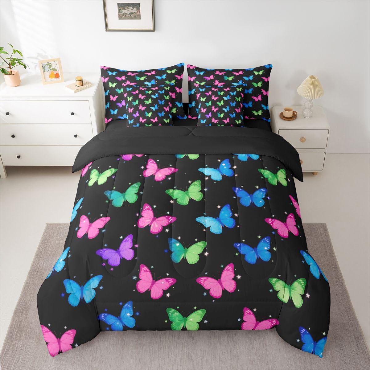 Erosebridal Neon Butterfly Print 7 Piece Bedding Set Twin Watercolor Butterflies Kawaii Comforter Set with Sheets Colorful Animals Print Bed in a Bag Vibrant Star Motif Bed Sets Comforter