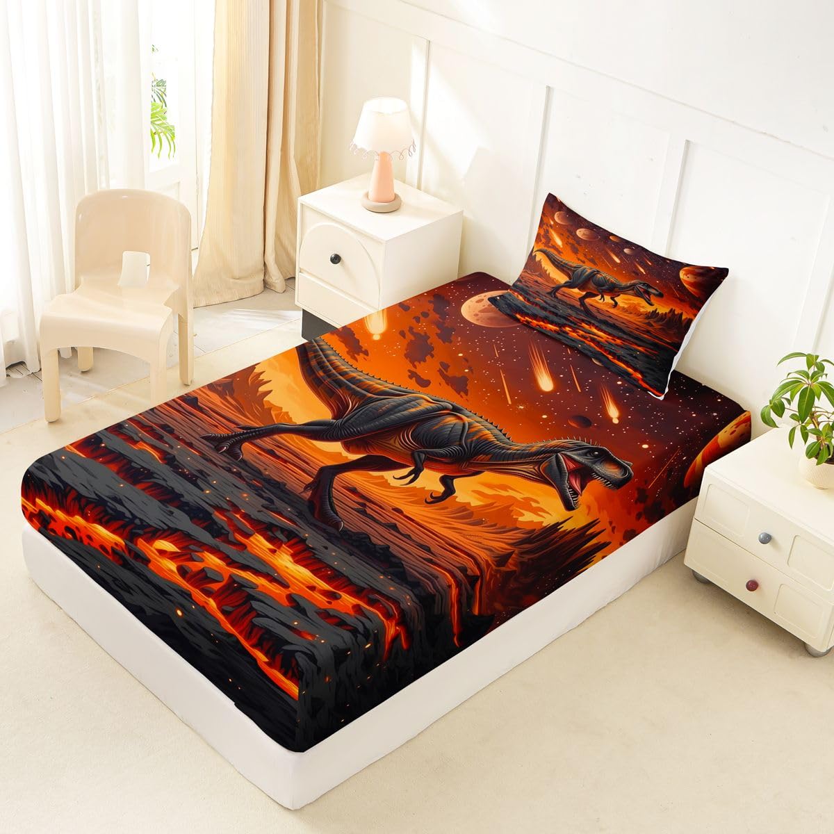 Feelyou Dinosaur Bed Sheets Sets Twin Size Kids Boys Girls 3D Digital Print Bedding Set Jungle Dino Bed Sheet Set with 16-Inch Deep Pockets Wild Animal 3Pcs with 1 Pillow Cases Red Black