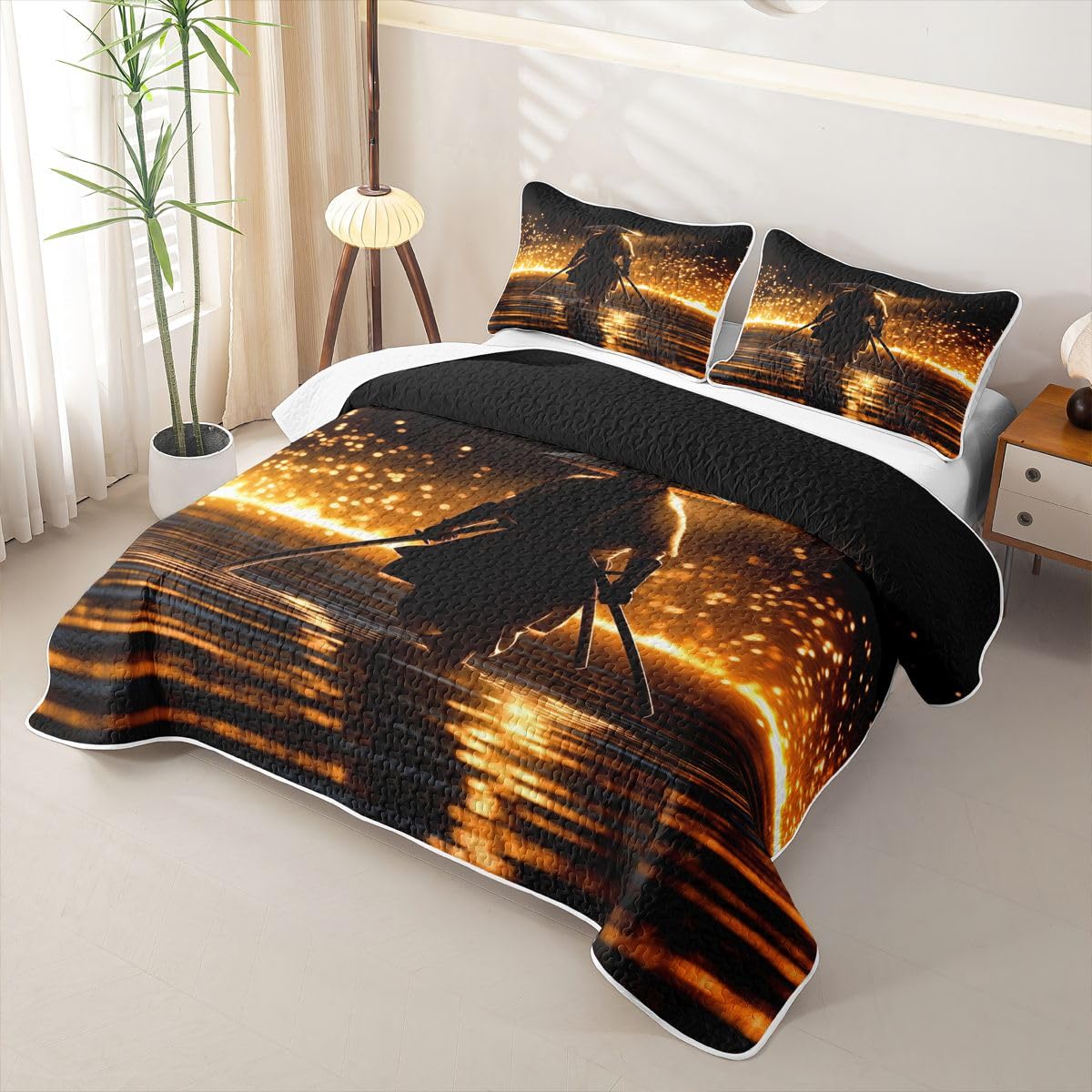 Erosebridal Samurai Quilt Twin Size - Japanese Bushido Spirit Bedspread Black and Gold Warrior Bed Coverlet with 1 Pillowcase