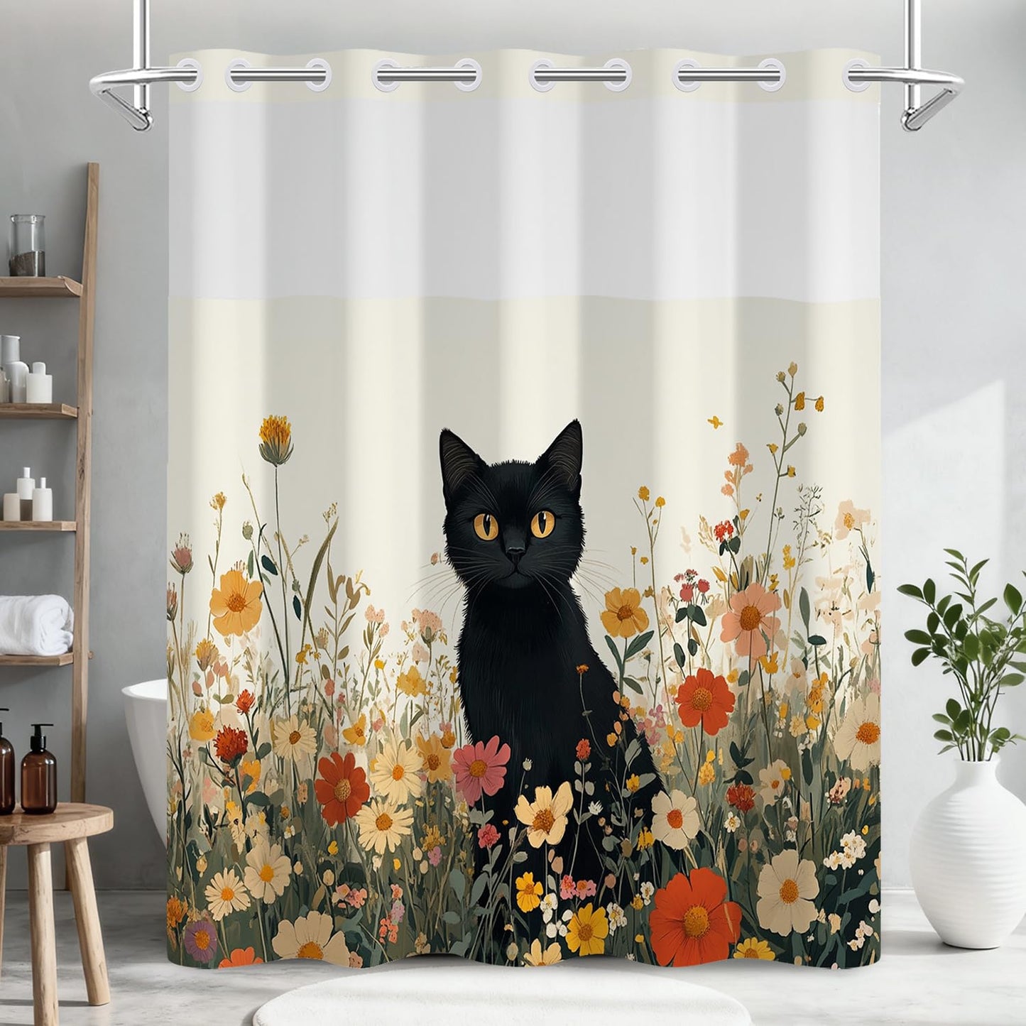 No Hook Shower Curtain with Snap in Liner, Funny Black Cat Floral Wildflower Spring Bathroom Curtains, Hotel Waterproof Fabric Shower Curtain with See Through Top Window, Weighted Hem, 71x74 Inch
