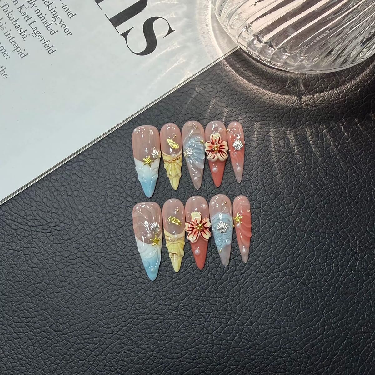 10pcs Handmade Press on Nails Long Stiletto False Nails Blue Fake Nails with 3D Flower Designs Sparkly beach Charm luxury Summer Artificial Nails for Women (Size M）