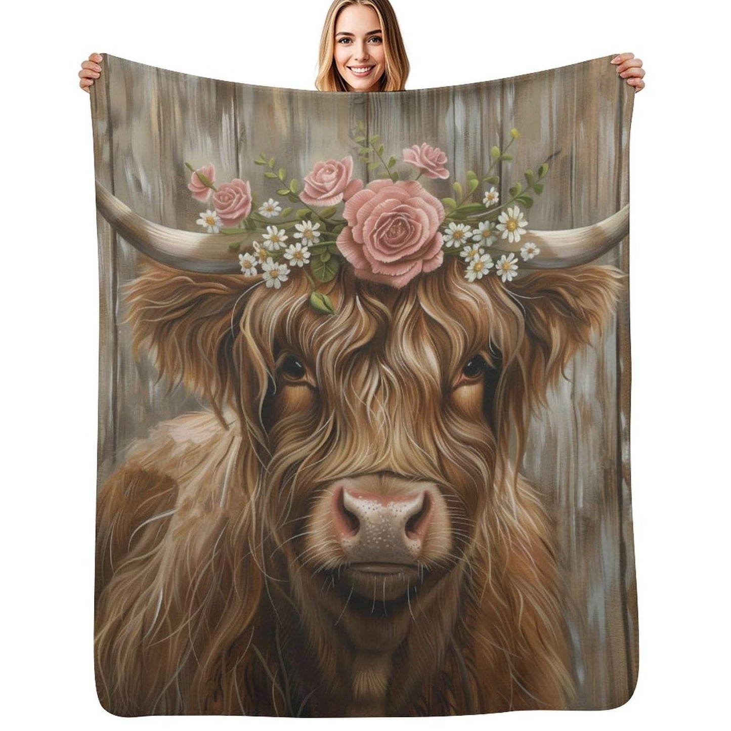 Highland Cow Blanket, Floral Crown Bull Throw, Soft Cozy Fleece Blankets for Kids Women Girls, Rustic Farmhouse Western Decor for Room Couch & Bed Birthday Gifts 50x60in