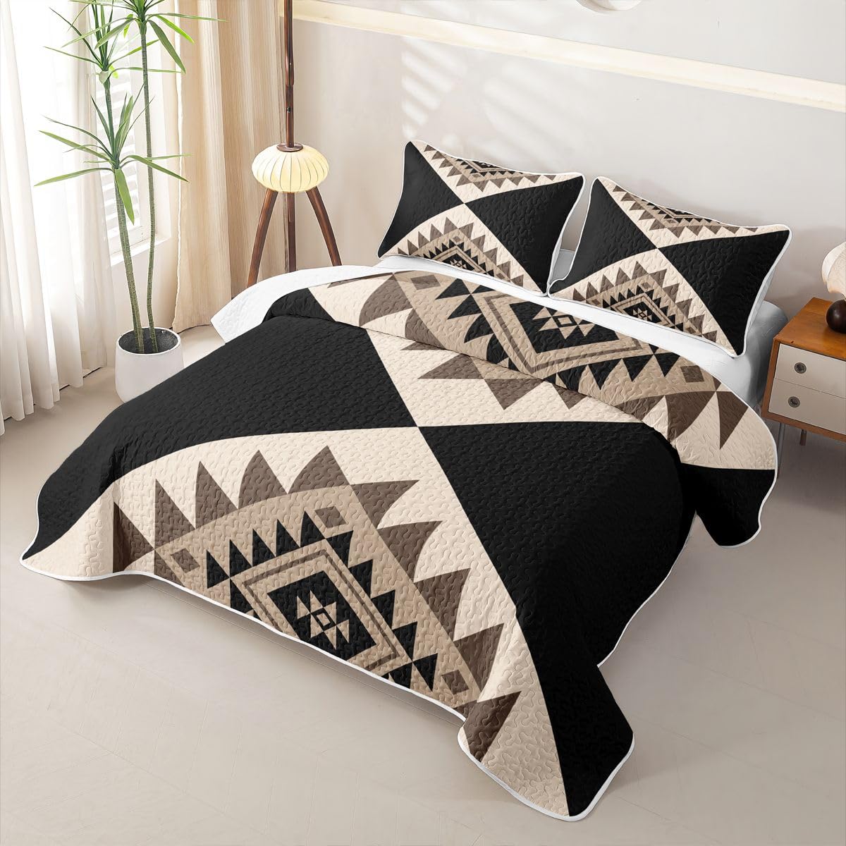 Erosebridal Black Beige Abstract Quilt Modern Boho Western Aztec Quilt Set Twin Size Geometric Stripes Coverlet Minimalist Stylish Art Southwestern Quilted Bedspread Bedroom Decor