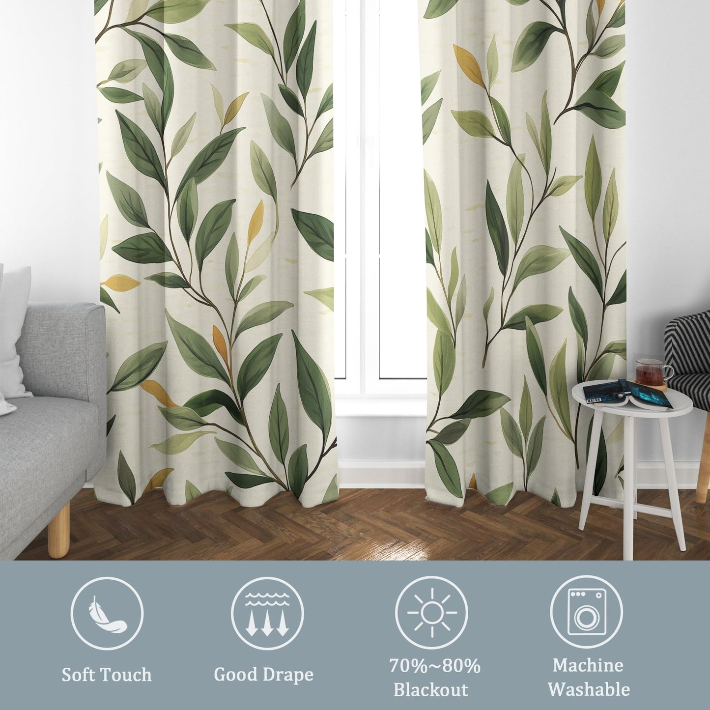 MOBEITI Green Leaf Curtains for Bedroom - Botanical Blackout Curtains for Bedroom Living Room, Leaves Window Curtain, Leaf Home Decor Curtain, Drapes 63 Inches Long 2 Panels Set