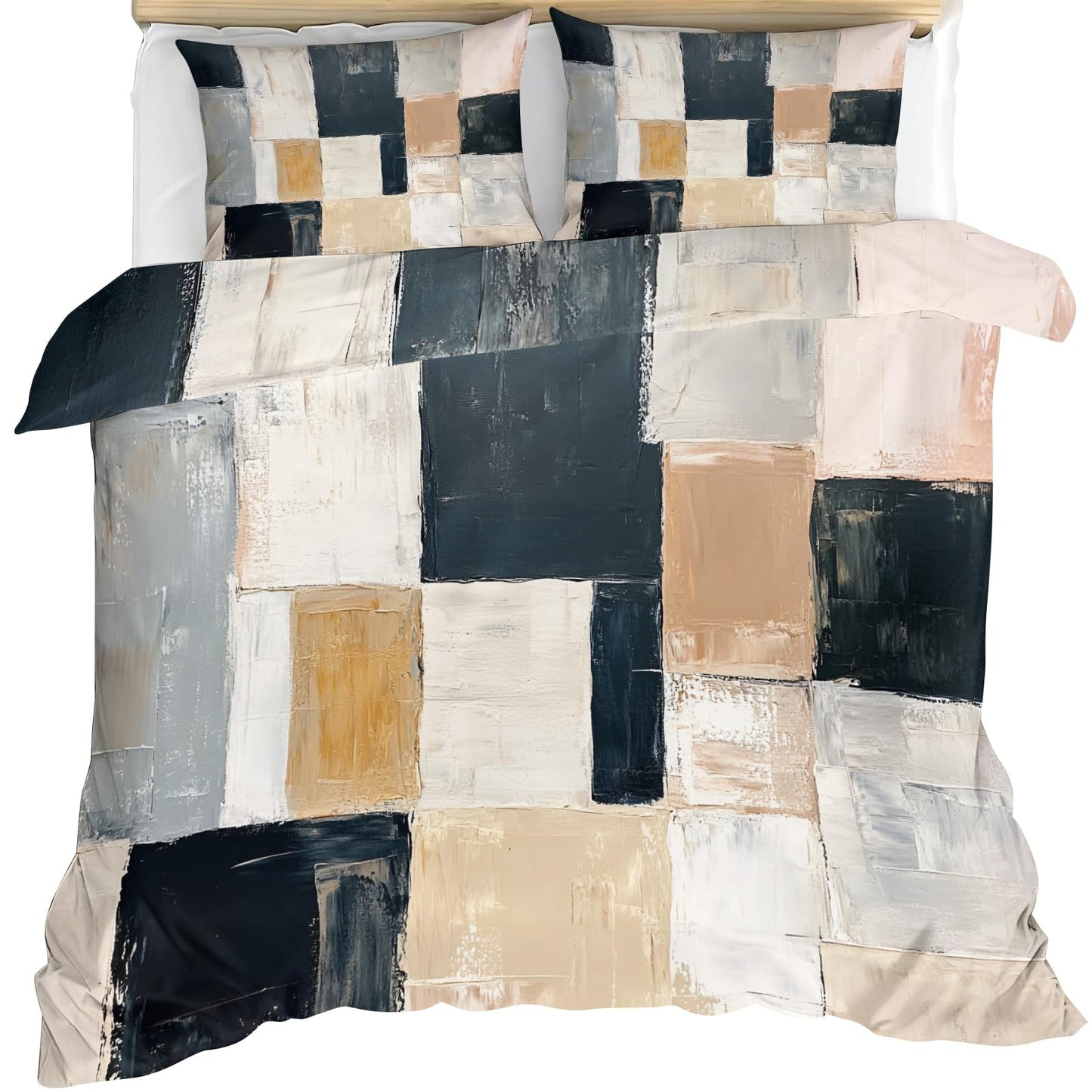GKPLY Geometric Squares Comforters Queen Size, Modern Abstract Bedding Sets, Minimalist Block Duvet Cover, Zipper Closure, 2 Pillowcases, Reversible Print - Boho Neutral Bedding