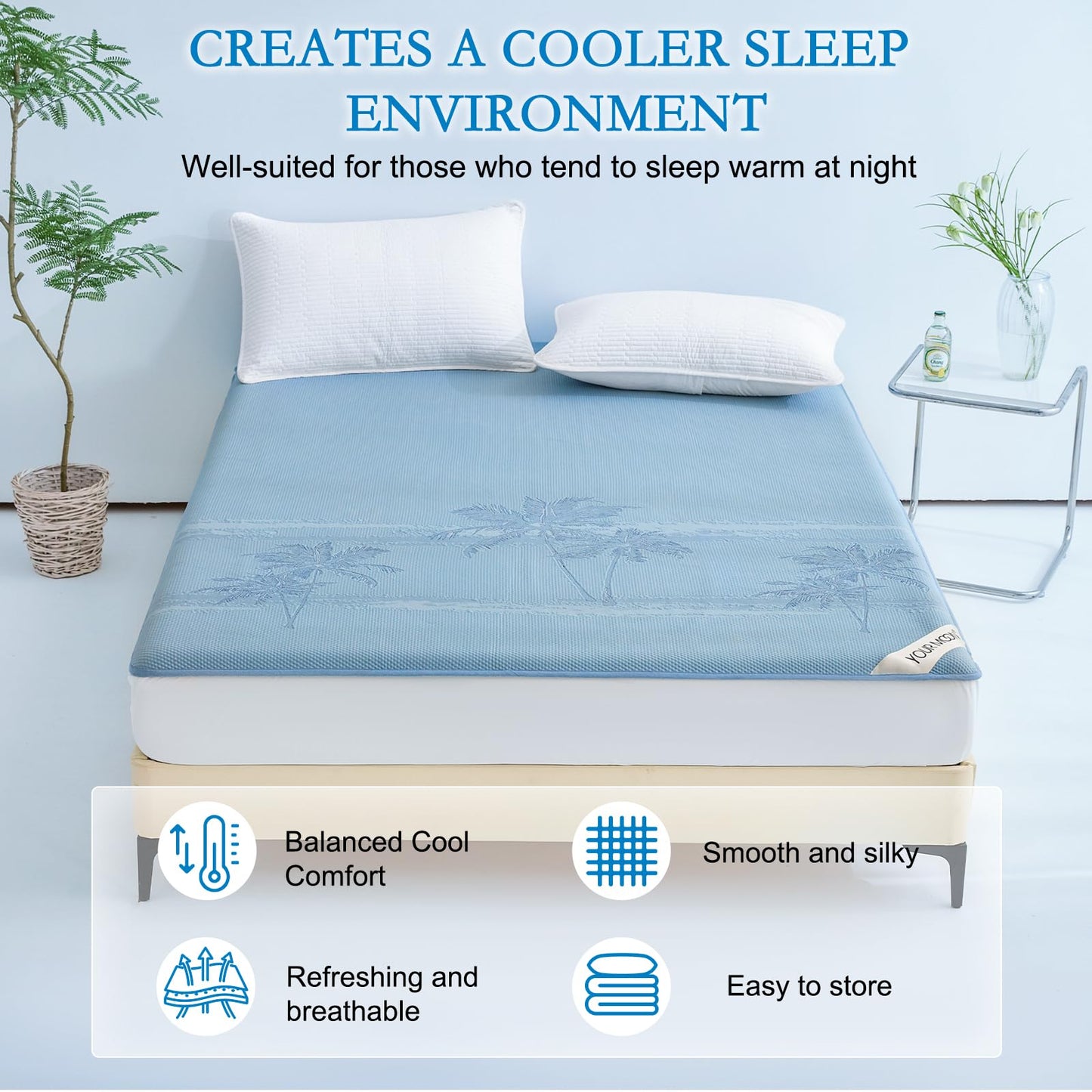 YOUR MOON Queen Size Cooling Mattress Pad for Hot Sleepers - Soft Breathable Noiseless Bed Pad Cover Mattress Cover, 8"-16" Deep Pocket - Enhanced Cooling Technology for Restful Sleep, Light Blue