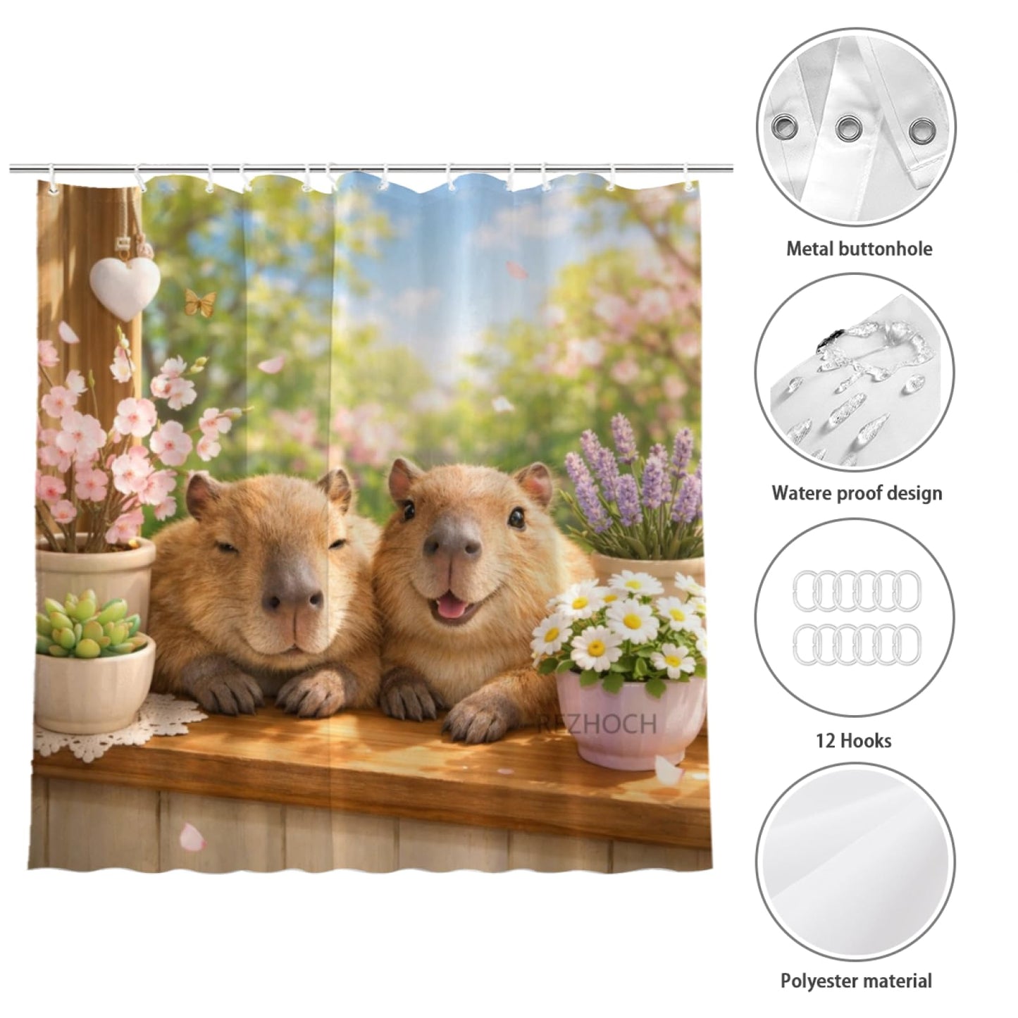 REZHOCH Fun Capybara Shower Curtain 72x72Inch Cute Animals Home Bathroom Decor,Spring Summer Floral Window Scene Rustic Farmhouse Plants Soft Pastel Nature Waterproof Bath Set