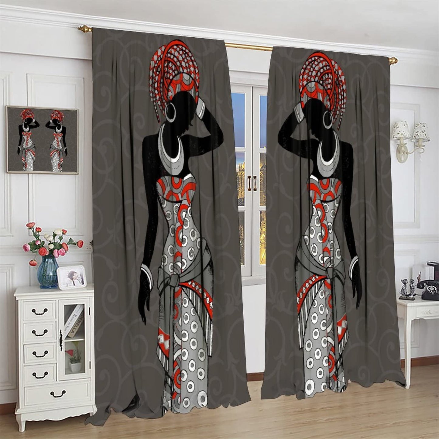 JESTRONRY Black Girl Window Curtains,African Woman Hand Drawn Tribal Ethnic Theme Room Darkening Door Window Rod Pocket Curtain for Living Room Bedroom Kitchen Bathroom Decor W42xL45in