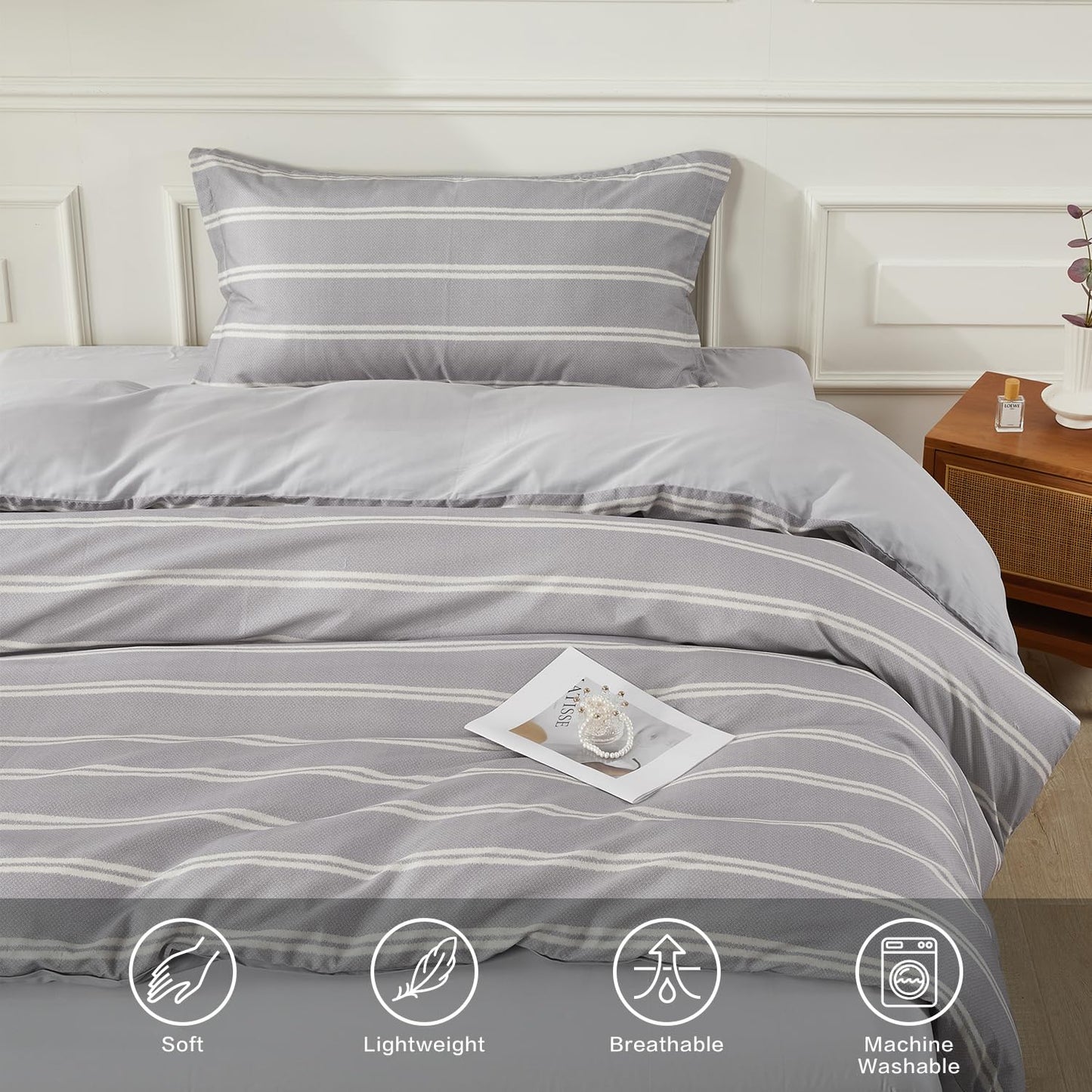 SAPHREAS Boy Gray Stripes Duvet Cover Set Twin Size 2pcs Dark Grey Streak Bedding Comforter Cover Set 1 Duvet Cover 1 Pillow Sham