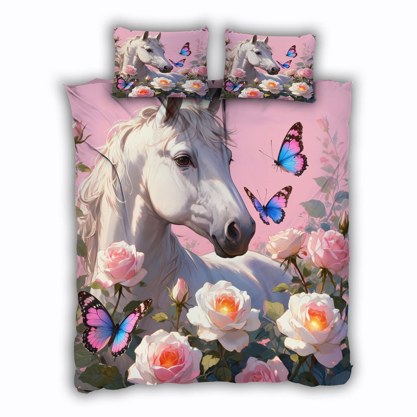 3D Horse Duvet Cover King Size 104x90in Soft Breathable Microfiber Butterfly Flower Bedding Set Zipper Closure Reversible Comforter Cover 3 Pieces with 2 Pillow Shams (WJT 23-3)