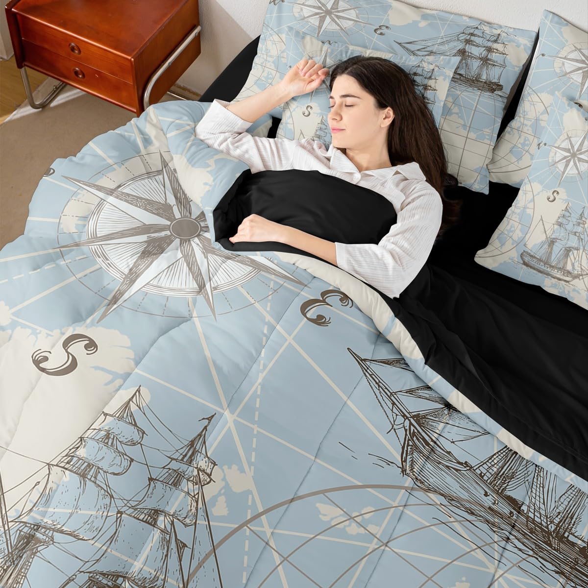 Erosebridal Nautical Full Comforter Set 7 Pieces, World Map Bed in A Bag for Bedroom, Sailing Boat Yacht Bedding Set with Comforters, Sheets, Pillowcases Retro Compass Room Decor