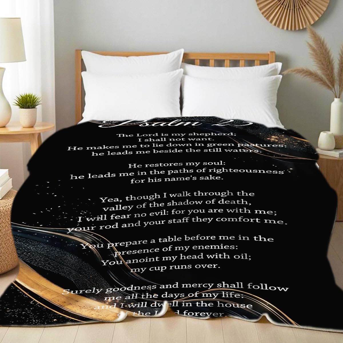 HUNXIAOJ Psalm 23 Blankets and Throws Bible Verse Christian Throw Black Gold Flannel Blanket Inspirational Gifts Christian Decor for Bed Couch Home 49"x59"