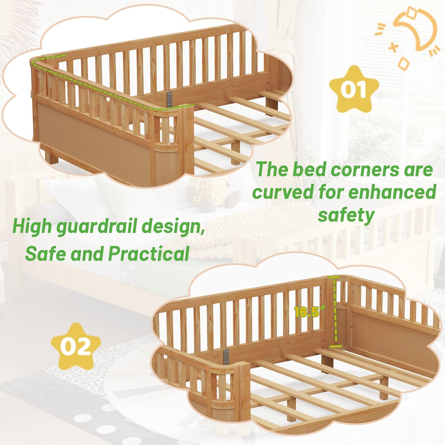 OYUMOENTS Full Size Kids Bed Frame, Low Profile Montessori Bed Full with Rails, Wood Daybed for Girls & Boys, No Spring Box Required, No Squeaks, Natural