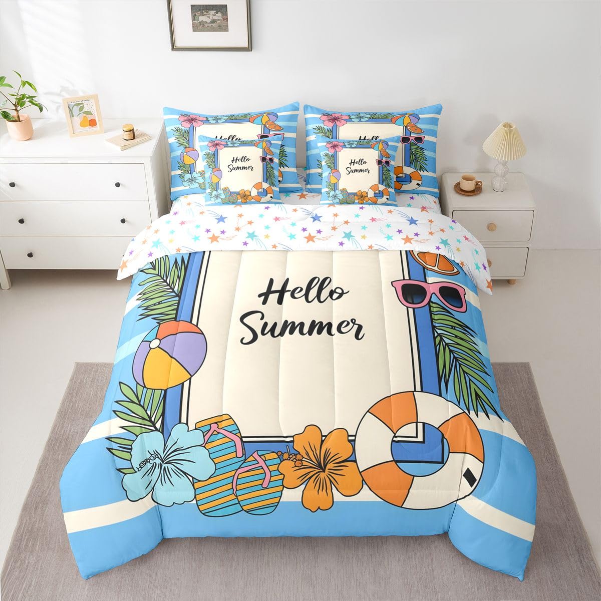 Erosebridal Summer Coastal Beach Queen Bedding Set Hibiscus Flower Palm Comforter Set with Flat and Fitted Sheet Kids Adults Blue Geometric Stripes 7-Piece Bed in a Bag Pool Hello Summer Quilt Sets