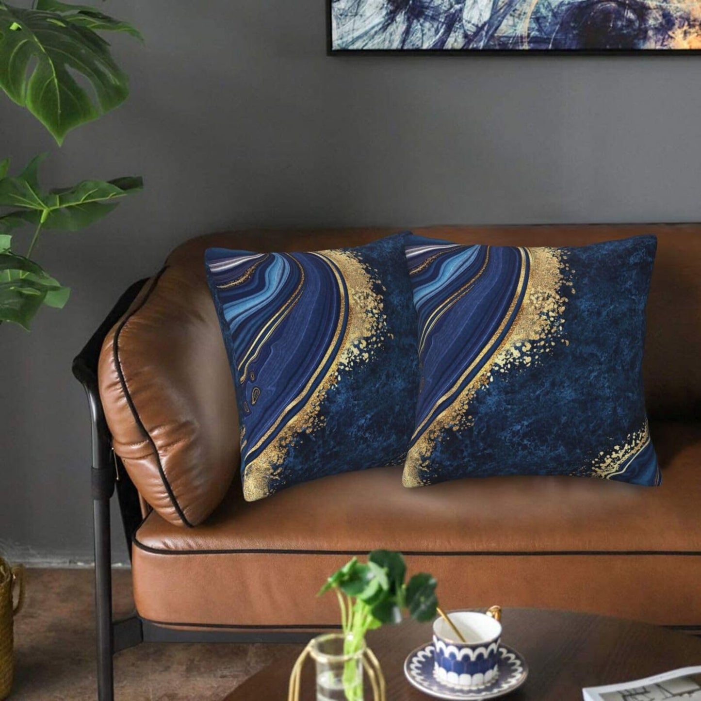 Lcokin Navy Blue and Gold Marble Throw Pillow Cover 18x18 in Set of 2 Cushion Modern Farmhouse Pillow Covers Soft Pillow Cases Decor for Couch Sofa Living Room Bedroom Home