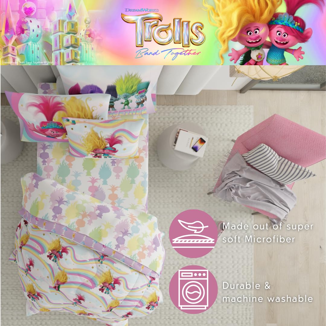 DreamWorks Trolls 3 Band Together Kids 5 Piece Bedding Super Soft Reversible Comforter and Sheet Set with Sham, Twin, (Officially Licensed Product) By Franco