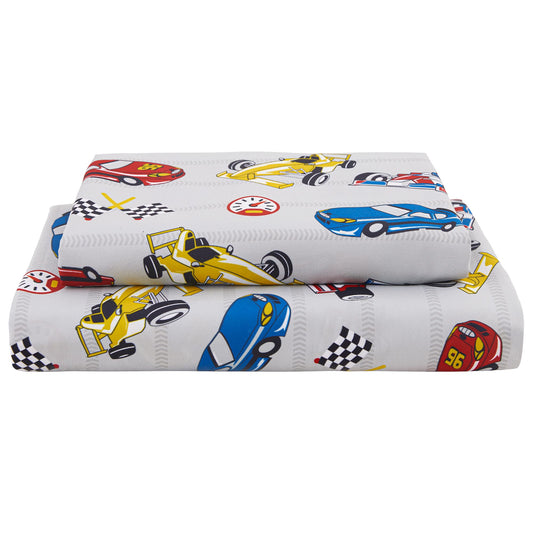 Softan Kids Bed Sheet Set, 3-Piece Twin Sheets Set, Microfiber Fitted Sheet with 15 Inches Deep Pocket and Corner Straps, Breathable & Silky Soft Grey Racing Car Pattern Sheet and Pillowcase Sets