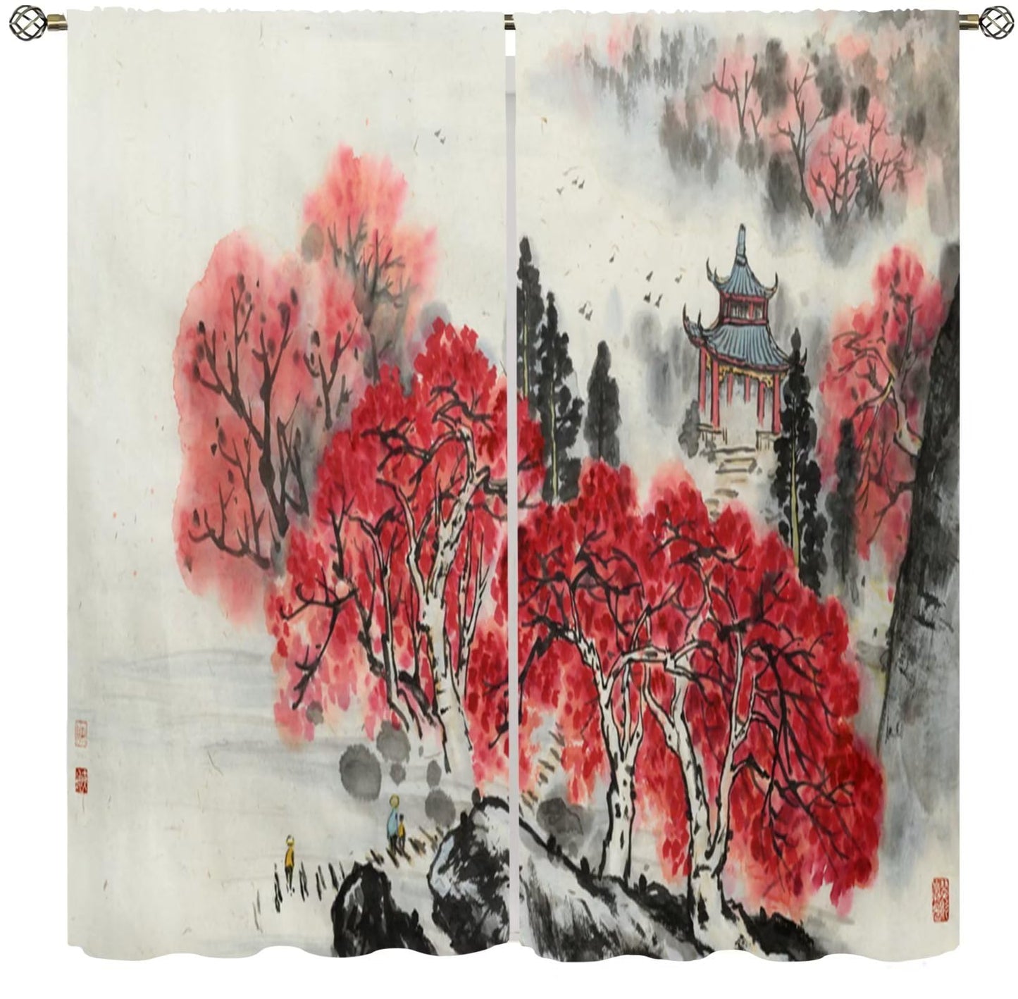 Asian Curtain Red Cherry Blossom Japanese Flower Branch Koi Oriental Chinese Ancient Ink Landscape Wind Printing Curtain for Kitchen Bedroom Living Room Blackout Curtain 42x45 Inch 2 Panels