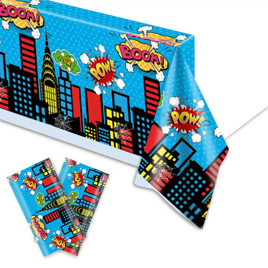 LANHYER 2Pack Super Theme Hero Tablecloth Birthday Party Decoration Include Tableware Supplies Tablecloth for Cityscape Kids Baby Shower Birthday Party Decorations