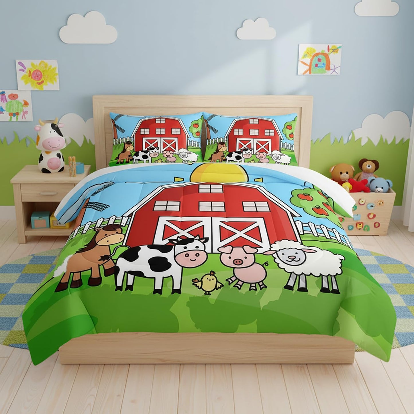 QOOMO Farm Animals Comforter,Farmhouse Comforter Set for Kids Teens Girls Boys,Cartoon Animals 3Pcs Bedding Set Printed Comforter with 2 Pillowcases,Down Alternative,Soft and Lightweight，Queen Size