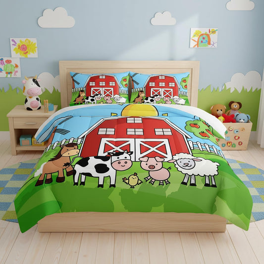 QOOMO Farm Animals Comforter,Farmhouse Comforter Set for Kids Teens Girls Boys,Cartoon Animals 3Pcs Bedding Set Printed Comforter with 2 Pillowcases,Down Alternative,Soft and Lightweight，Queen Size