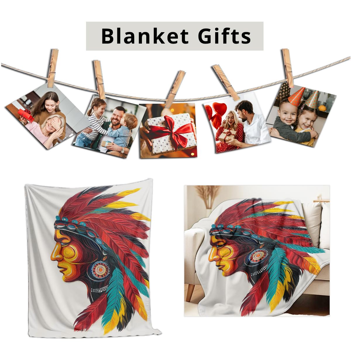 HUNXIAOJ Native American Blankets for Men Indian Print Blankets and Throws for Couch Bed Room Home Western Decor Flannel Throws Queen Size Native American Indian Gifts (49"x59")