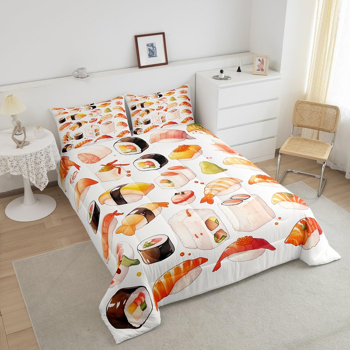 Erosebridal Cute Sushi Bedding Set Queen,Japanese Food Comforter Set Sushi Gifts for Kids Teens Adults,Anime Style Quilt Bed Set Funny Food Bed Comforter Sets with 2 Pillowcases Bedroom Decor