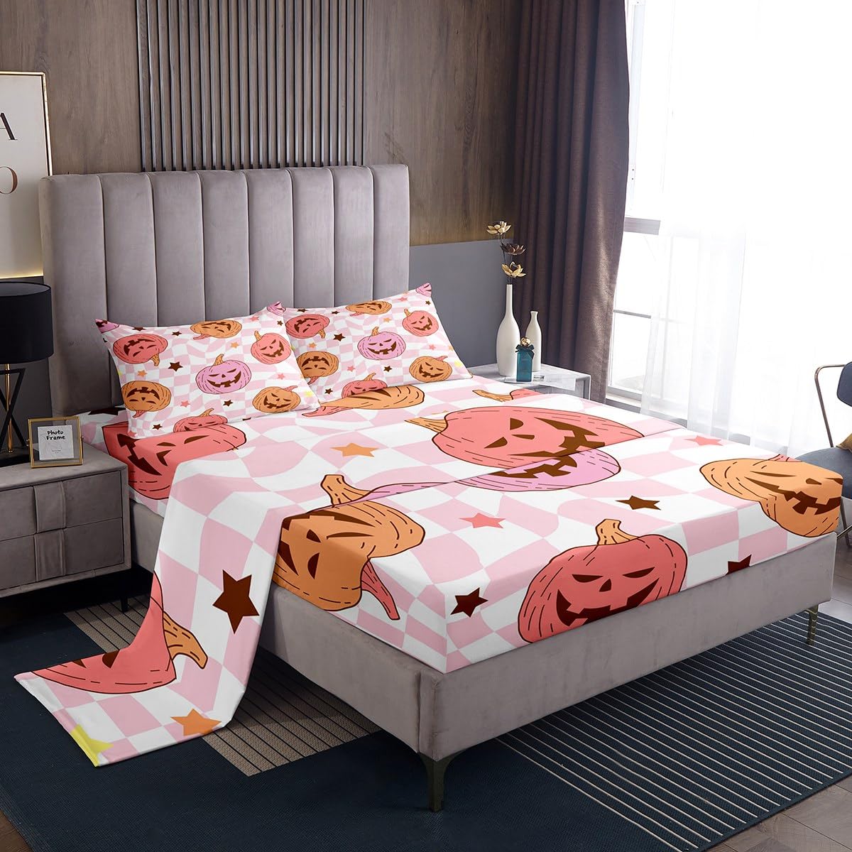 Feelyou Pink Halloween Bed Sheets Set Full Size Halloween Decor Bed Set for Kids Boys Girls Pumpkin Deep Pocket Fitted Sheet Trick or Treat Breathable Soft Lightweight Microfiber