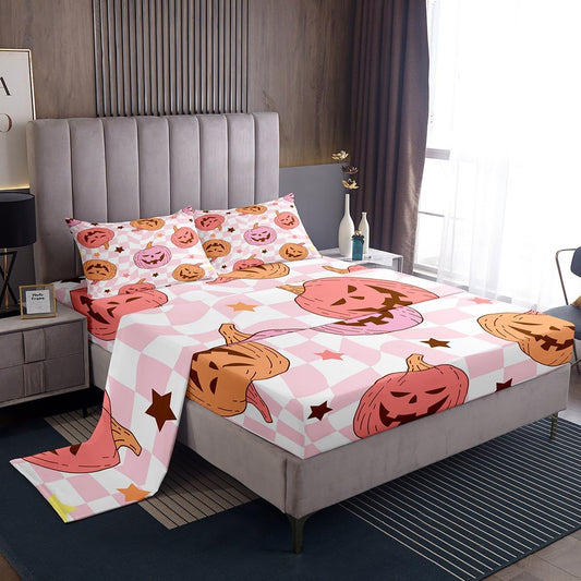 Feelyou Pink Halloween Bed Sheets Set Full Size Halloween Decor Bed Set for Kids Boys Girls Pumpkin Deep Pocket Fitted Sheet Trick or Treat Breathable Soft Lightweight Microfiber