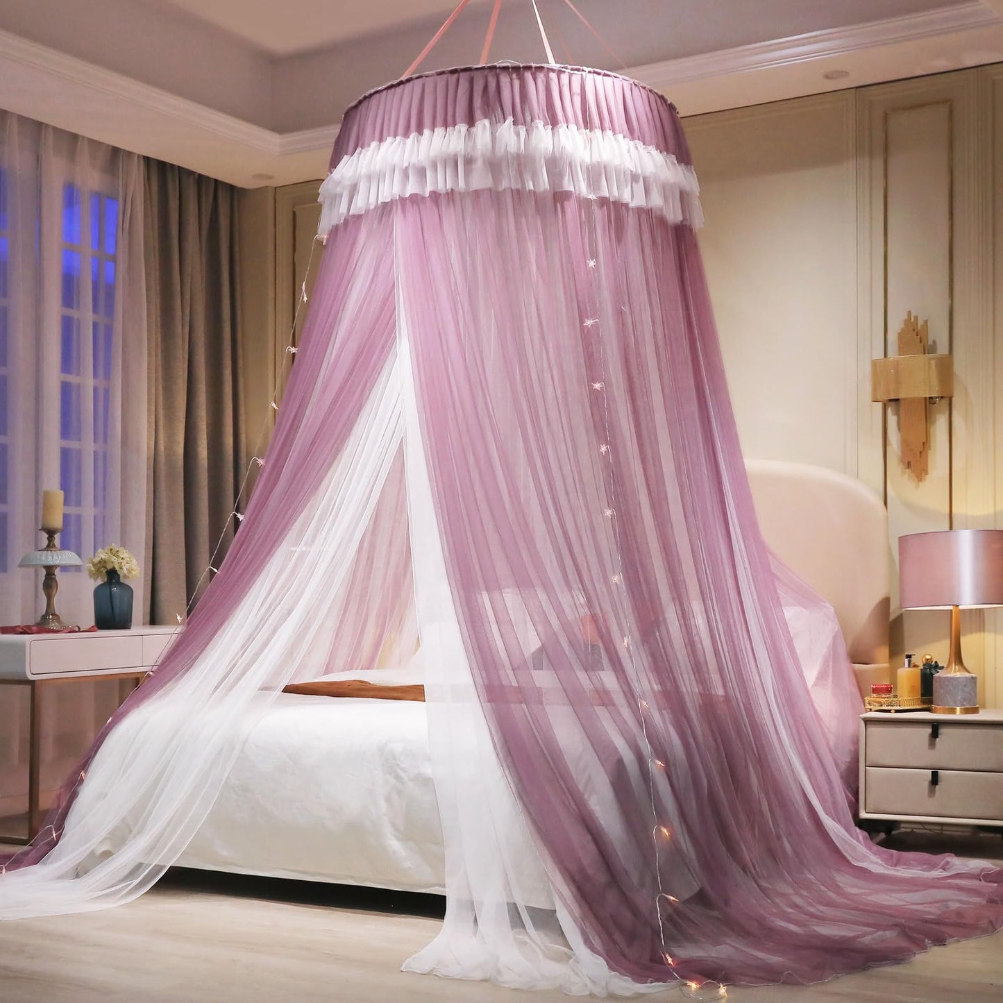 AIKASY Girls and Adults Canopy Bed, Elegant Double-Layer Bed Curtain, Children's Dream Round Lace Mosquito Net, Princess Canopy Net - Fits Twin, Full, Queen, and King Beds (White/Red Bean)