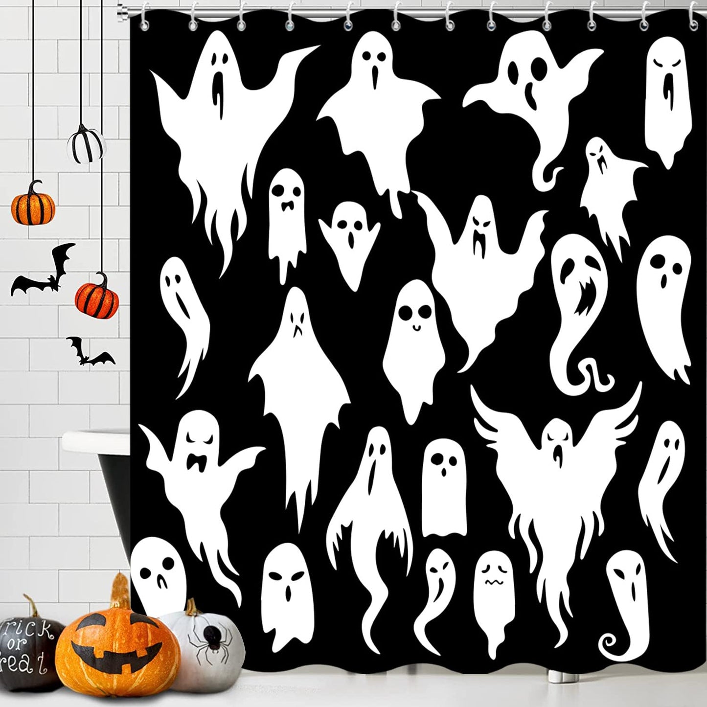 Caheansi Halloween Shower Curtain, Black and White Spooky Ghosts Icons Funny Cute Halloween Bathroom Curtain Waterproof Fabric Machine Washable with Hooks, 72" Wx72 L