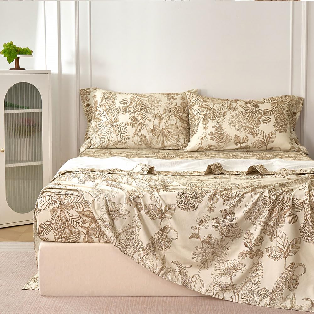 Zusbest Beige Queen Sheet Set 400TC 100% Cotton Flannel-Like Warm Luxury Brown Toile Floral Bed Sheets 4Pc Deep Pocket 17.5‘', Botton Pillowcases Double Brushed Extra Soft Breathable, French Country
