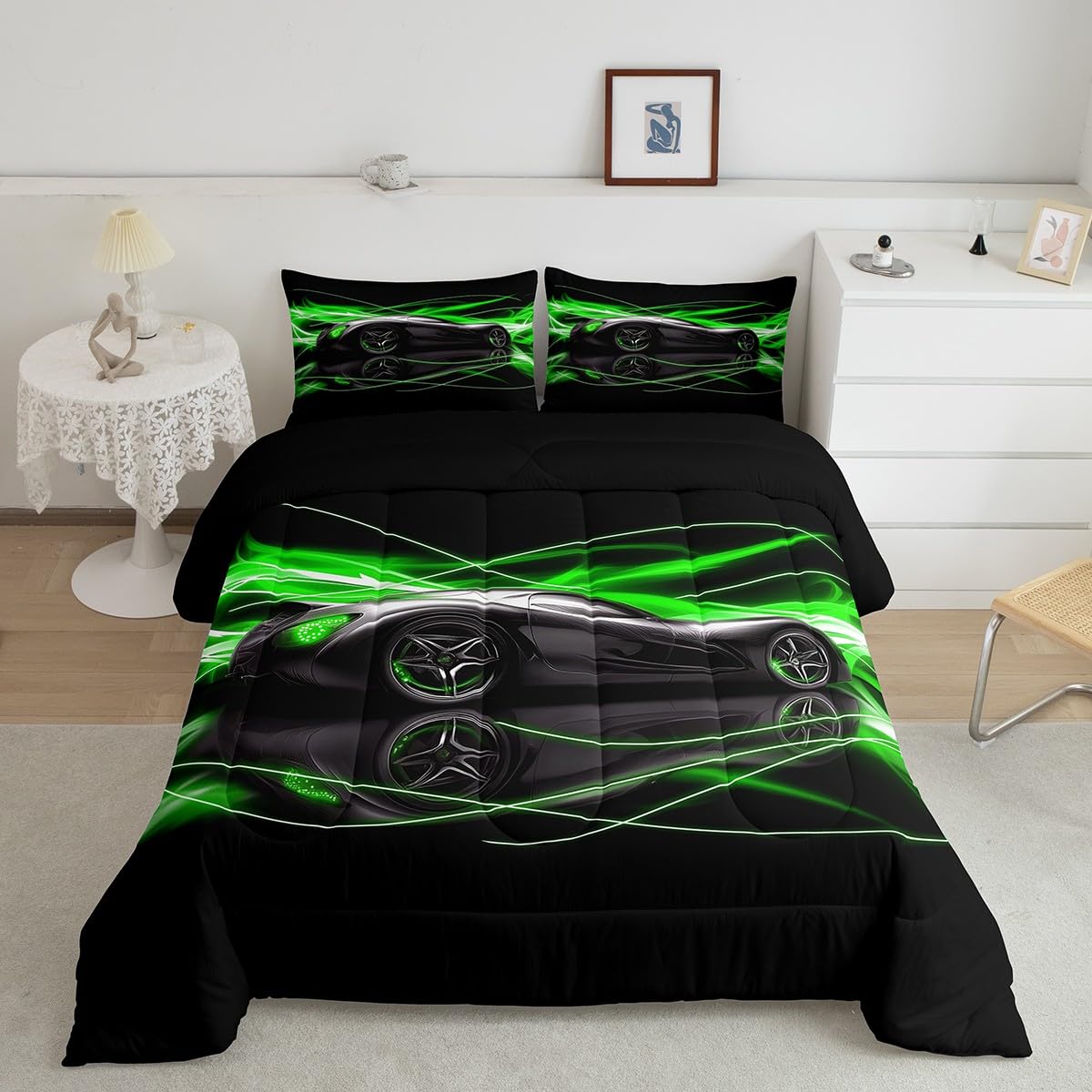jejeloiu Kids Race Car Comforter Set Twin Size Speed Sports Car Bedding Set for Kids Boys Girls Green Duvet Quilt Automobile Bedroom Decor Microfiber 2 Pcs with 1 Pillow Cases