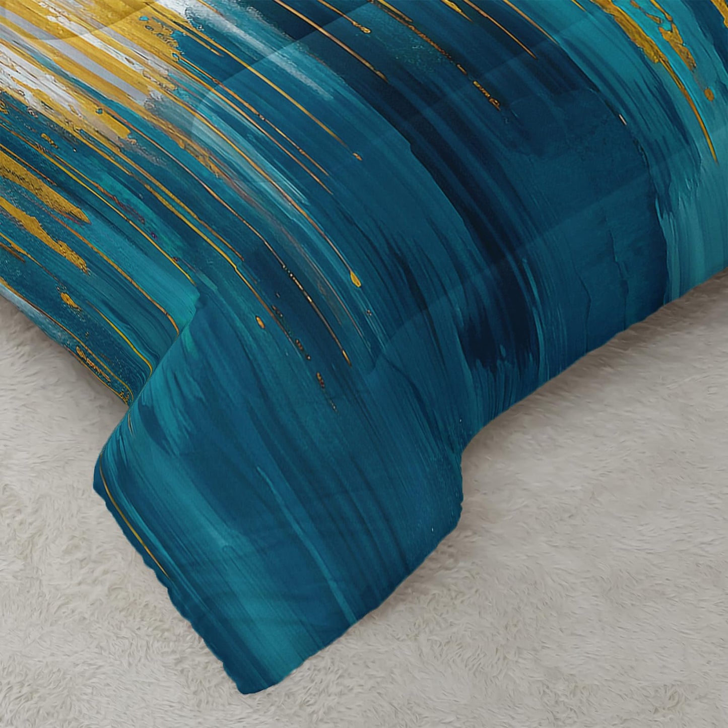 Nttopship Lake Blue White Golden Gradient Print Comforter Set King Size,Abstract Art Bedding Set,Patchwork Printed Quilted Set for Teens Adult,with 1 Comforter and 2 Pillow Case